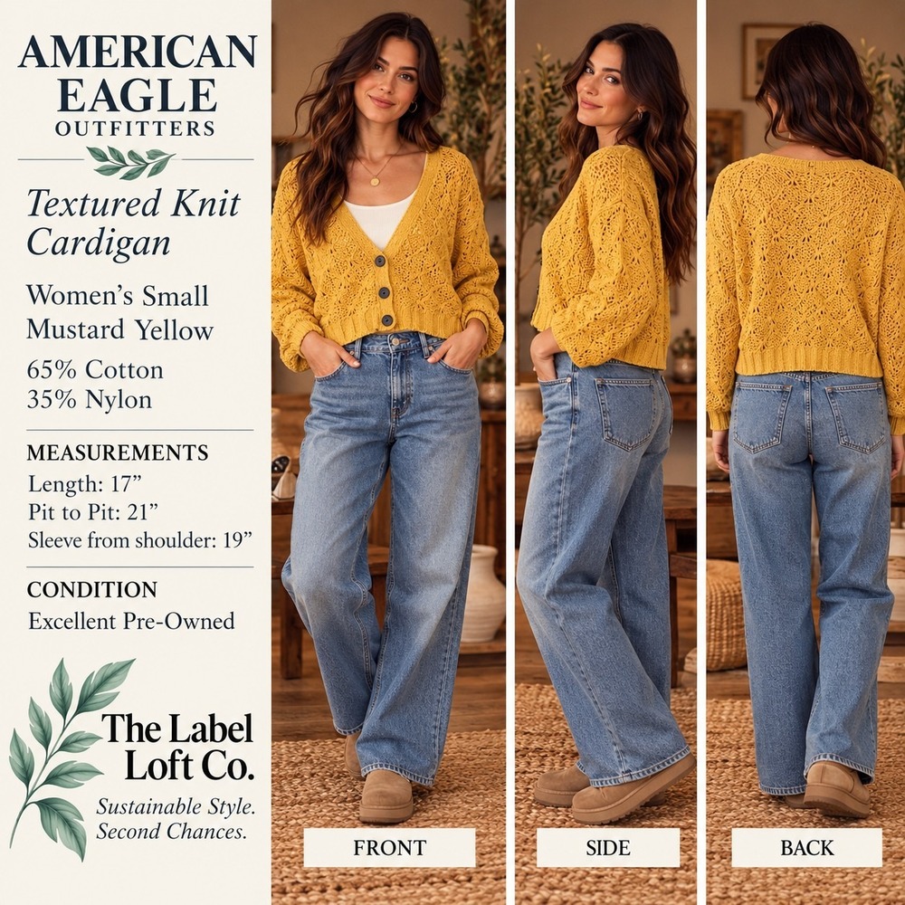 American Eagle AEO Mix Stitch Crop Cardigan Womens S Mustard Open Knit Boho